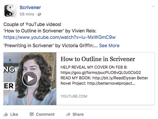 Scrivener jagab oma Facebooki lehel YouTube'i videot, mis võib kasutajatele meeldida.