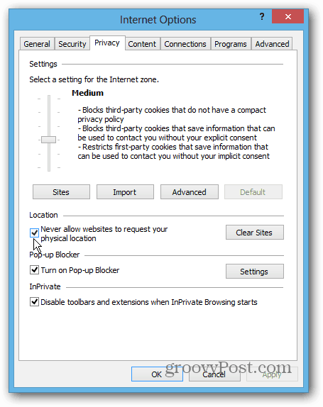 IE 10 Win8 Desktop privaatsus