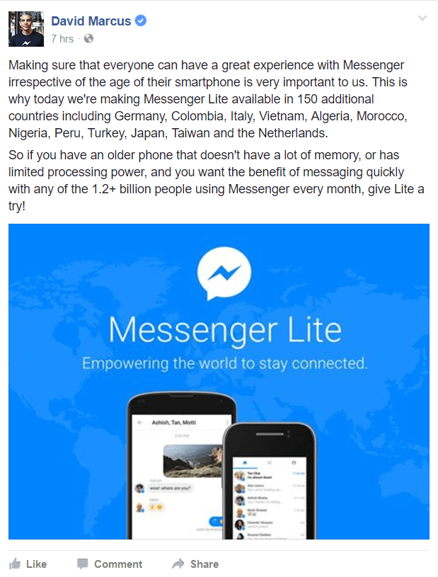 Facebook Messenger Lite on nüüd saadaval rohkemates riikides üle maailma.