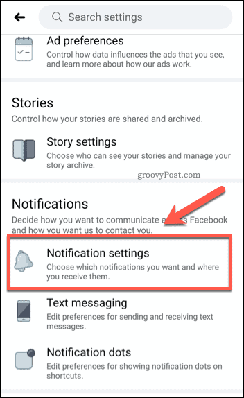 Facebooki mobiilimärguannete seadete valik