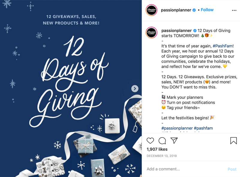 näide Instagrami kingituste võistlusest 12 päeva jooksul, kui @passionplanner annab teada, et kingitus algab järgmisel päeval