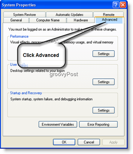 Süsteemi atribuudid Täpsemad sätted Windows XP