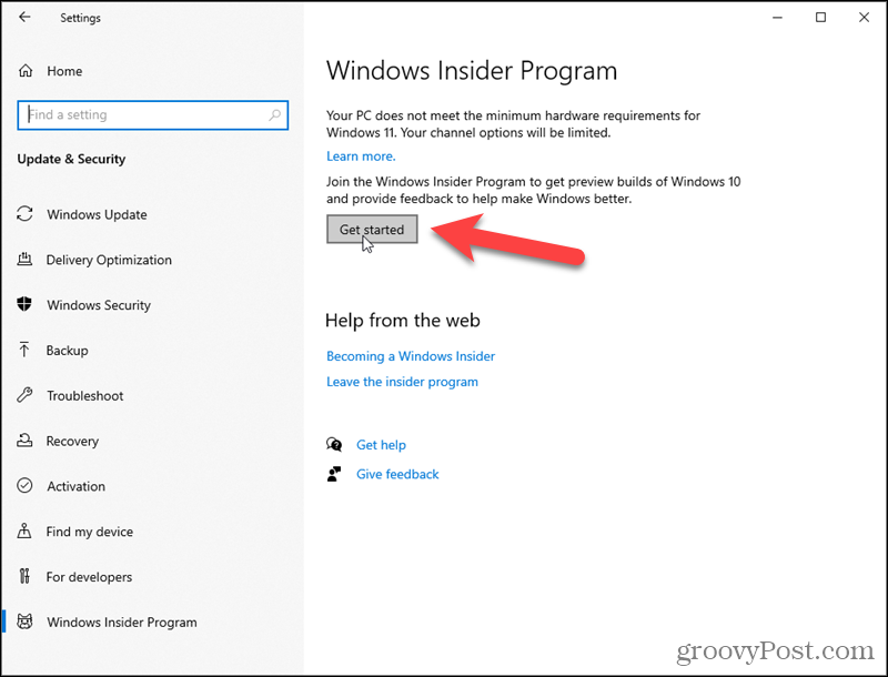 Klõpsake Windows Insideri programmi jaoks nuppu Alusta