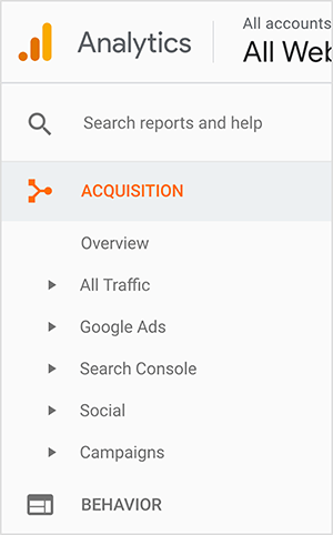 See on ekraanipilt Google Analyticsi külgribalt. Logo kuvatakse vasakus ülanurgas. See on oranž täpp oranži riba kõrval ja seejärel kõrgem kollane tulp, mis soovitab tulpdiagrammi. Küljeribal ülevalt alla on järgmised valikud: kast sildiga „Otsige aruandeid ja abi”, Värbamine (mis kuvatakse oranžina) ja selle alamvalikud. Alamvalikud on ülevaade, kogu liiklus, Google Ads, Search Console, suhtlusring ja kampaaniad. Iga alamvaliku kõrval ilmub väike kolmnurk, mis näitab, et kolmnurgal klõpsates näete täiendavaid valikuid. Viimane näidatud põhitaseme valik on Käitumine. Jennifer Priest kasutab Google Analyticsi abil, et näha, millised tihvtid saadavad talle kõige rohkem liiklust, ning hinnata, millised räsimärgid, pildid ja tahvlid tema veebisaidi liikluse jaoks hästi toimivad.