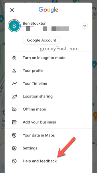 Avage Google Mapsi tagasiside menüü