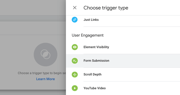Kasutage Google Tag Manageris käivitamise tüübi valimiseks Google'i märgendihaldurit koos Facebookiga, samm 19, menüüvalikud