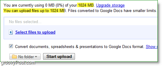 google docs uus üleslaadimise mis tahes piirang on 1024 MB või 1 GB