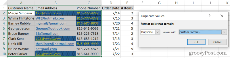 Kohandatud vormindatud duplikaadid Excelis
