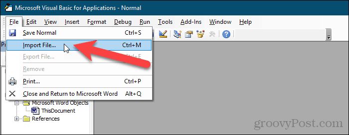 Valige Wordis VBA-redaktoris menüü File> Import File