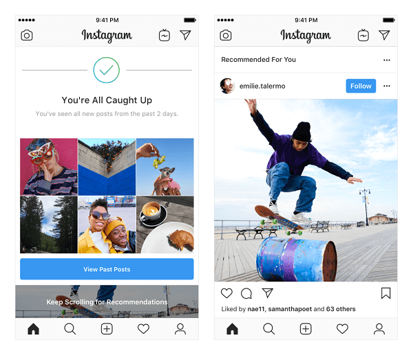 Instagram testib voos soovitatud postitusi. Need soovitused põhinevad teie jälgitavatel inimestel ning teile meeldivatel fotodel ja videotel ning neid kuvatakse voo lõpus, kui olete kõike uut jälginud inimestelt.