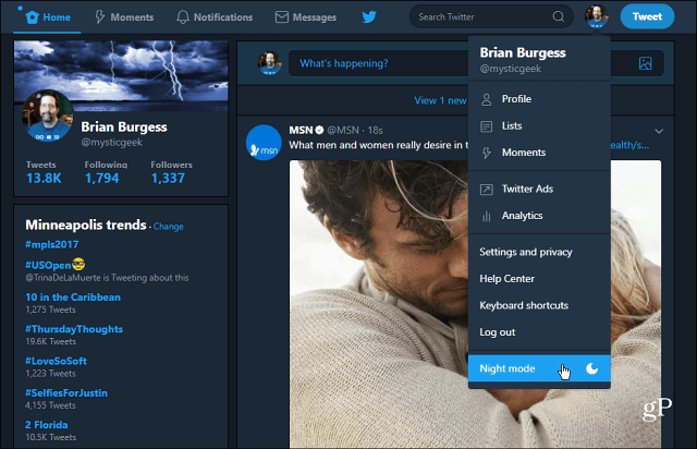 „Öise režiimi” lubamine Twitteri töölaua veebirakenduses