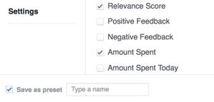 Salvestage oma Facebooki tulemuste seaded mallina.