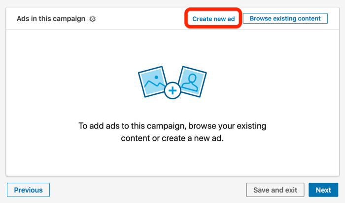 LinkedIni kampaania seadistamisel saate luua uue reklaami valiku