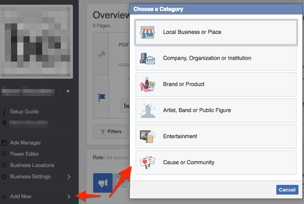 facebooki leht vali ärikategooria