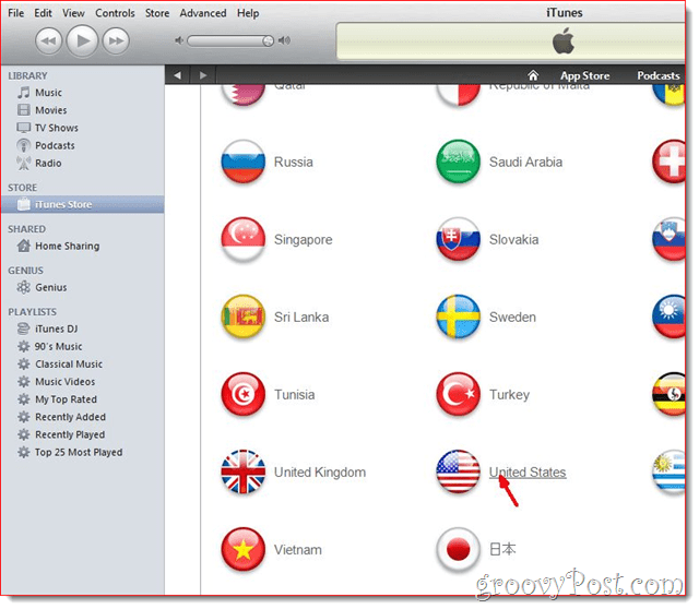 iTunes - klõpsake Ameerika Ühendriikide lipul