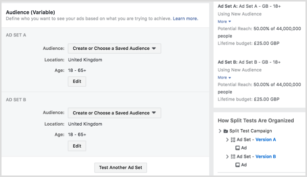 Jagage oma Facebooki reklaamide esitamise test kahele või enamale vaatajaskonnale.