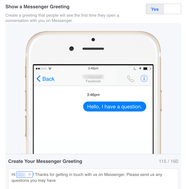 Oma seadetes saate seadistada Facebook Messengeri jaoks kohandatud tervitusteate.