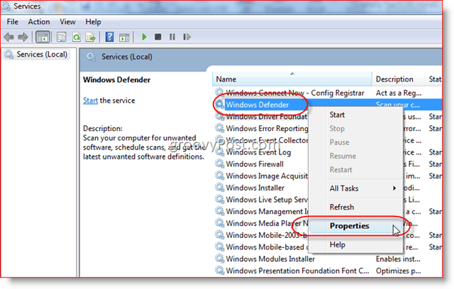 Keelake Windows Defenderi teenus Windows Server 2008 või Vista puhul: groovyPost.com