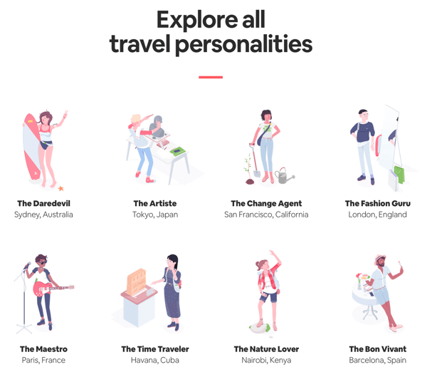 Näide kõigi väljundite lehest koos tulemustega, mida kasutaja saab uurida Airbnb Travel Matcheri viktoriinist.