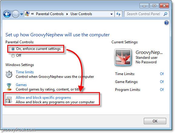 lülitage vanemlik kontroll sisse Windows 7-s konkreetse kasutaja jaoks ning lubage ja blokeerige siis konkreetsed programmid