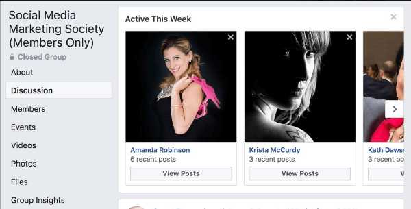 Facebook toob välja, millised grupiliikmed on sel nädalal grupis kõige aktiivsemad olnud.