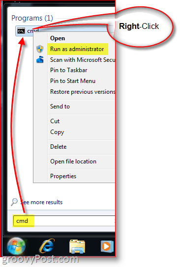 Käivitage CMD - Windowsi käsuviip administraatorina parema klõpsuga