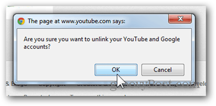 YouTube'i konto linkimine uue Google'i kontoga - konto linkimise tühistamiseks klõpsake nuppu OK