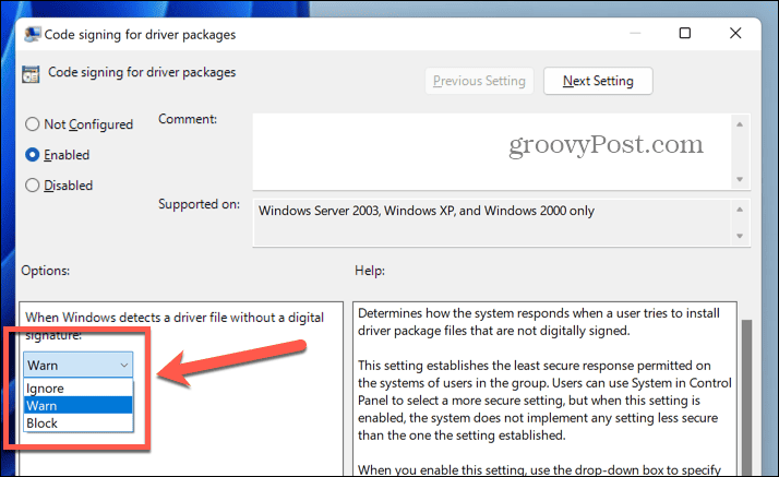 Windows 11 koodi allkirjastamise valikute rippmenüü