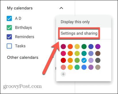 Google'i kalendri seadete valiku ekraanipilt