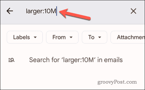 Meili suuruse kriteeriumide määramine mobiili Gmaili otsinguribal