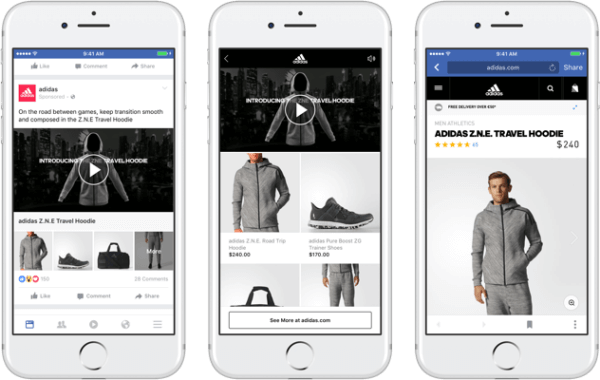 Facebooki uue kollektsiooni reklaamivormingu abil saavad kaubamärgid esitada esmase video või pildi, mis viib Facebooki ümbritseva ja kiiresti laaditava ostukogemuse juurde. 