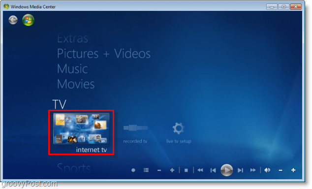 Windows 7 Media Center - klõpsake Interneti-TV-d