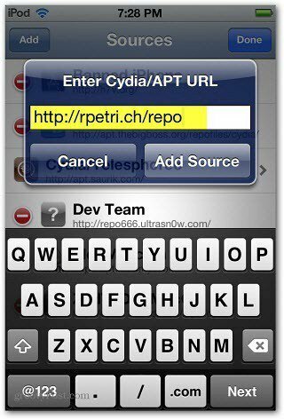 Sisestage Cydia APT URL
