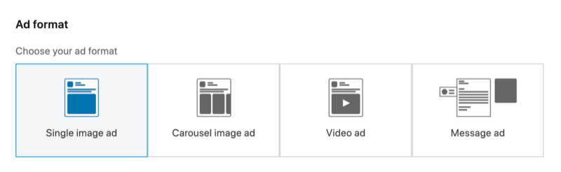 ekraanipilt üksiku piltreklaami suvandist, mis on valitud LinkedIni reklaamivormingu jaoks