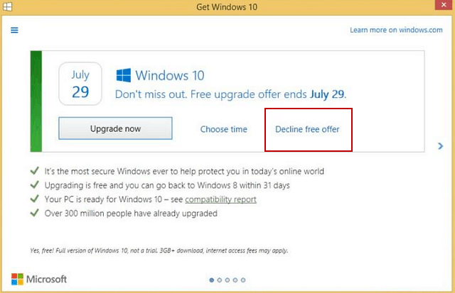 Microsoft teeb Windows 10 tasuta versiooniuuendusest keeldumise lihtsaks