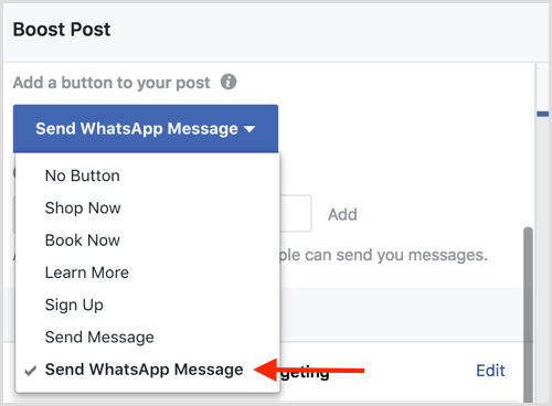 Kui valite Facebooki postituse, valige suvand Saada WhatsAppi sõnum.