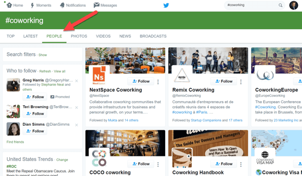 Avage vahekaart Inimesed, et otsida oma Twitteri otsingutulemitest potentsiaalseid mõjutajaid.