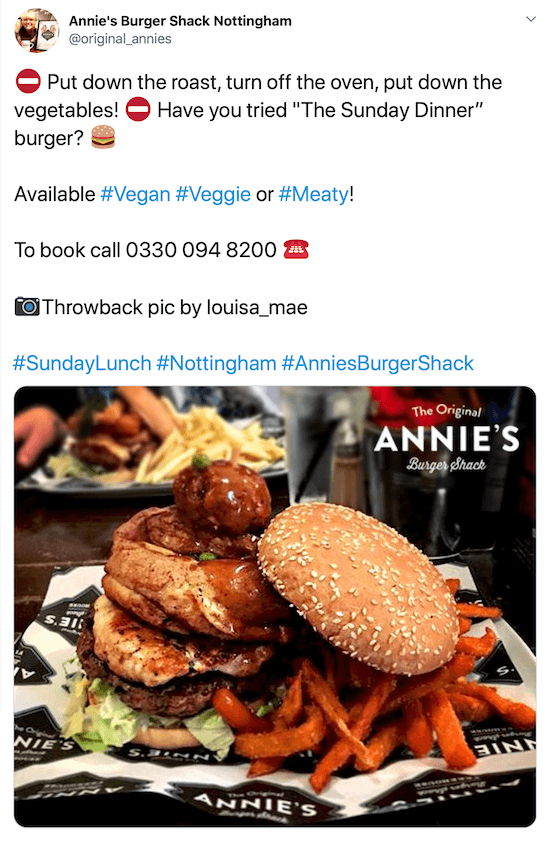 @original_annies twitteri postituse ekraanipilt koos burgeri ja maguskartulifriikartulite pildiga meeldejääva kirjelduse, nende telefoninumbri, pildikrediidi ja räsimärkide all