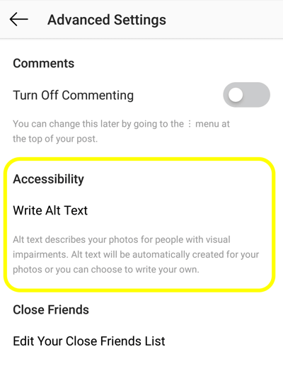 Kuidas lisada Alt-teksti Instagrami postitustele, 2. samm, Instagrami postituste hõlbustusvalik alt-sildi määramiseks