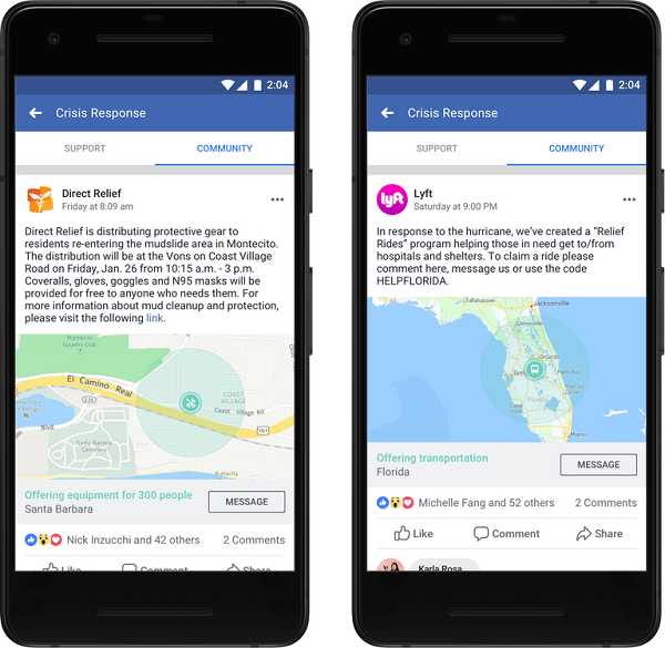 Facebook teatas, et organisatsioonid ja ettevõtted saavad nüüd postitada kogukonna abi ja pakkuda kriitilises olukorras inimestele vajaliku abi saamiseks kriitilist teavet ja teenuseid.