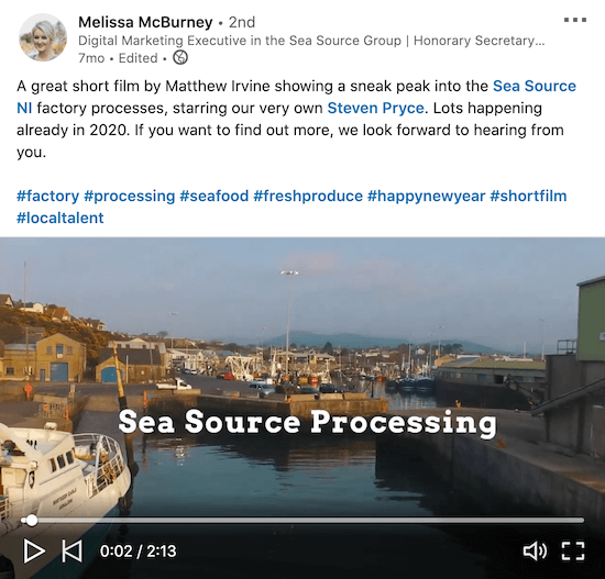näide mereallikate grupi melissa mcburney linkedin-videost, mis näitab kulisside taga olevaid materjale nende tehaseprotsessidest