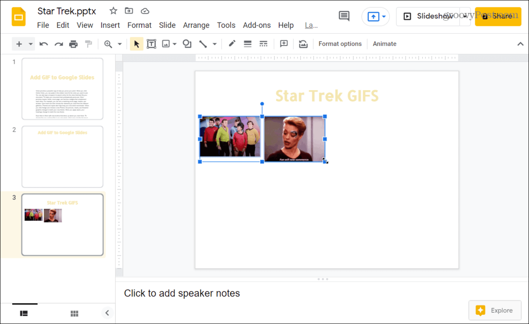 GIFS sisestati Google'i esitluste esitlusse