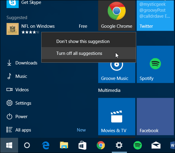Windows 10 Start menüü Lülitage soovitatud rakendused välja