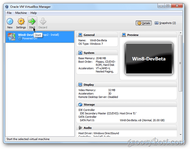 VirtualBox Windows 8 käivitab vm