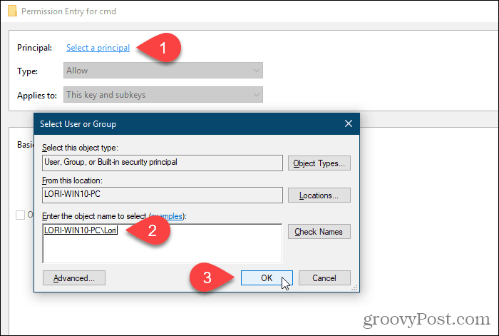 Klõpsake valikul Põhiprintsiip ja valige Windowsi registris lubade kasutaja või rühm