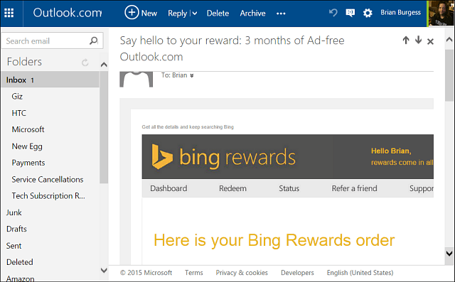 reklaamivaba väljavaade Bing Rewards