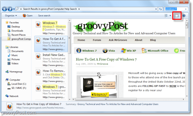 kasutage Windows 7 eelvaatepaani veebisaitide kuvamiseks exploreriaknas otsingu pistiku kaudu