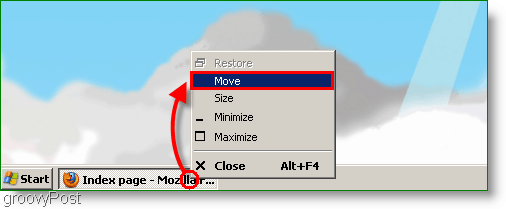 Windows XP ekraanipilt - akna teisaldamine