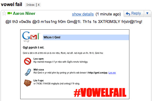 Gmail 2010 aprill lollide vokaalide tõrge