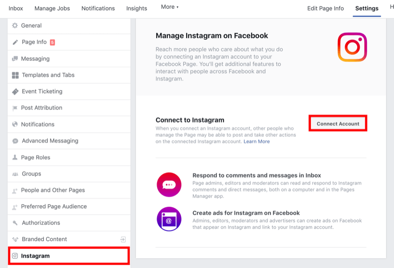 kuidas ühendada Facebooki leht Instagrami ärikontoga Facebooki lehe seadetes